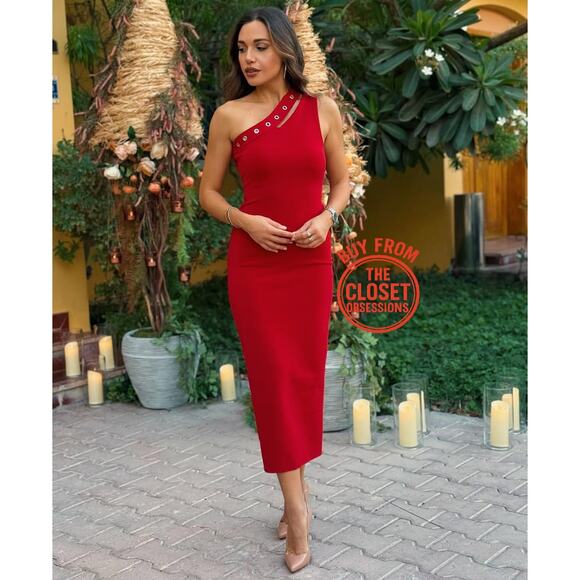 ❤️ ZARA Red Fitted Asymmetrical Cutout Midi Dress NWT ❤️ - Picture 7 of 16